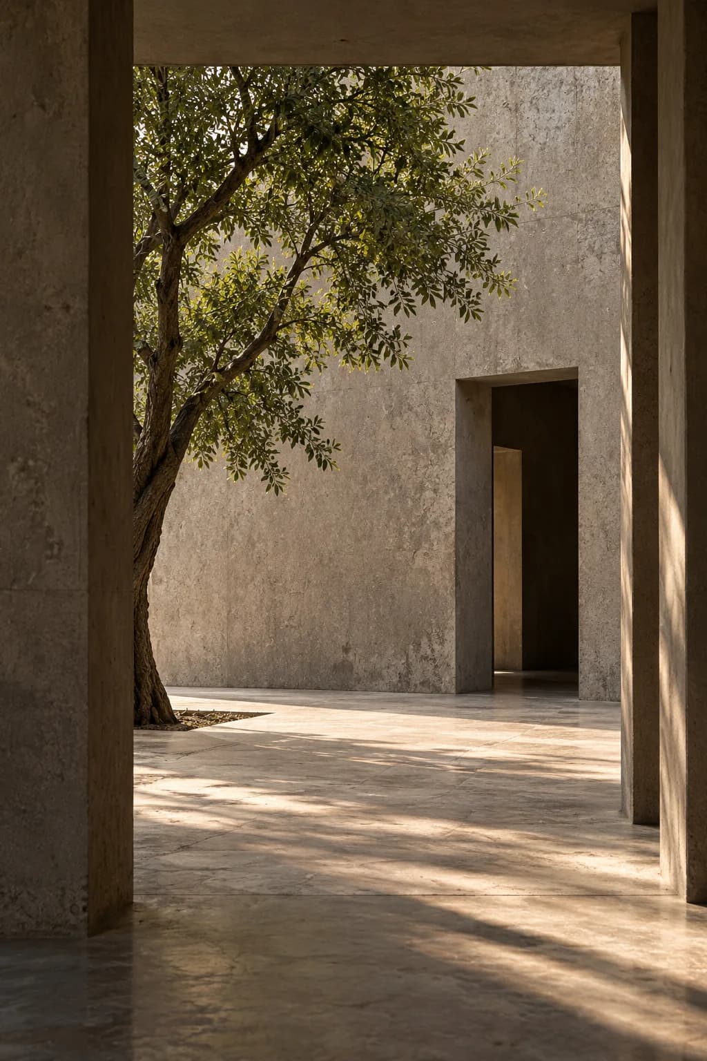 Light and a tree in an imagined concrete courtyard. AI-generated campaign set; not a real Chandigarh location.